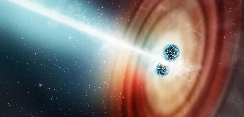 Vue d’artiste de deux étoiles à neutrons entrant en collision